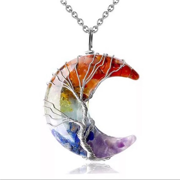 Jewelry - Chakra Healing Crystal Necklace Tree of Life Wire Wrapped Crescent Moon
